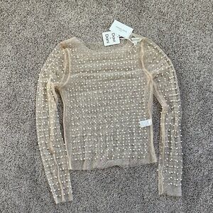 DAVI & DANI Pearl and Rhinestone Embellished Sheer Top